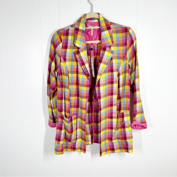 NEW BCBGeneration Pink Plaid Lightweight Linen Blazer Extra Small